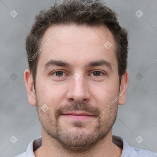 Neutral white young-adult male with short  brown hair and brown eyes