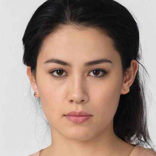 Neutral asian young-adult female with medium  brown hair and brown eyes