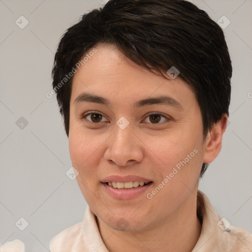 Joyful white young-adult female with short  brown hair and brown eyes