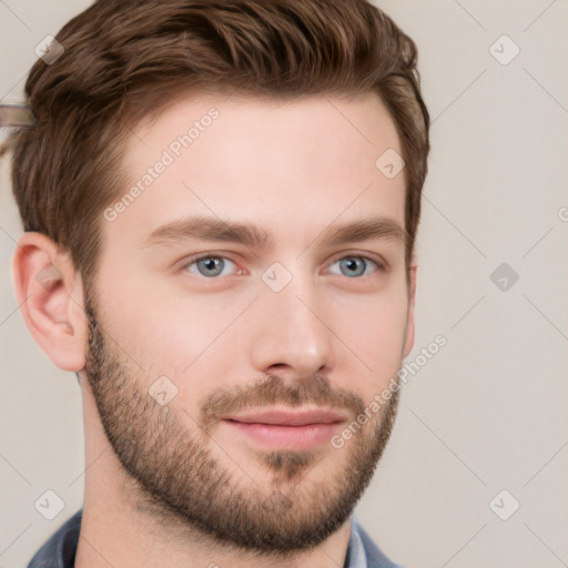 Neutral white young-adult male with short  brown hair and grey eyes