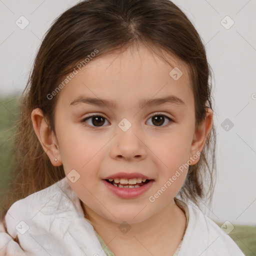 Joyful white child female with medium  brown hair and brown eyes