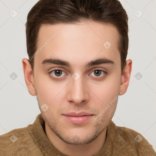 Neutral white young-adult male with short  brown hair and brown eyes