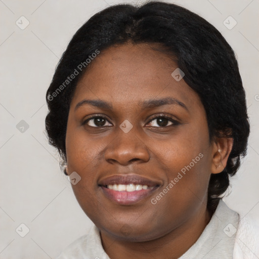 Joyful black young-adult female with medium  black hair and brown eyes