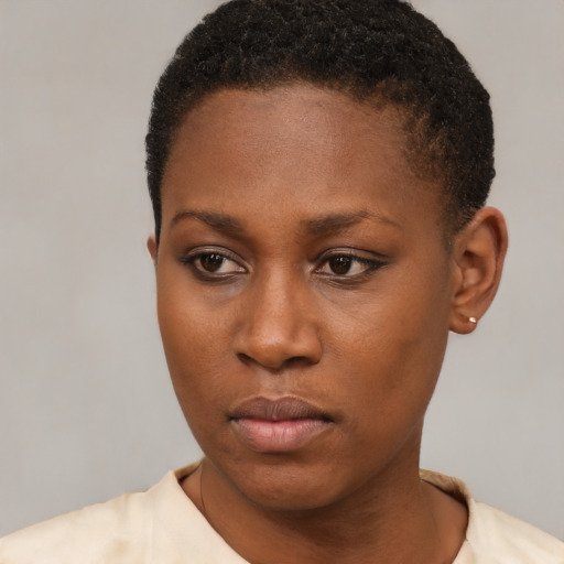 Neutral black young-adult female with short  black hair and brown eyes
