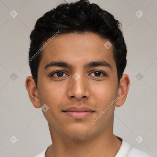 Neutral latino young-adult male with short  black hair and brown eyes