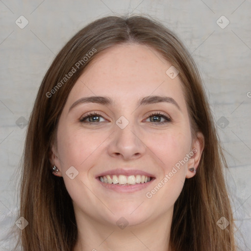 Joyful white young-adult female with long  brown hair and grey eyes