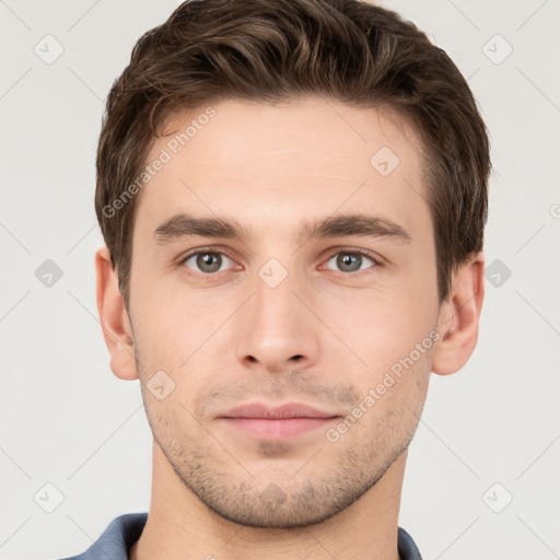 Neutral white young-adult male with short  brown hair and brown eyes