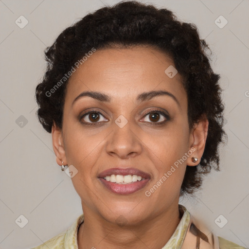 Joyful latino young-adult female with short  brown hair and brown eyes
