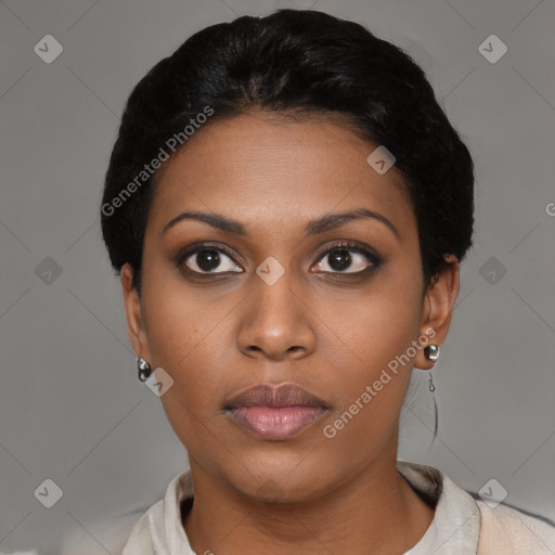 Neutral black young-adult female with short  black hair and brown eyes