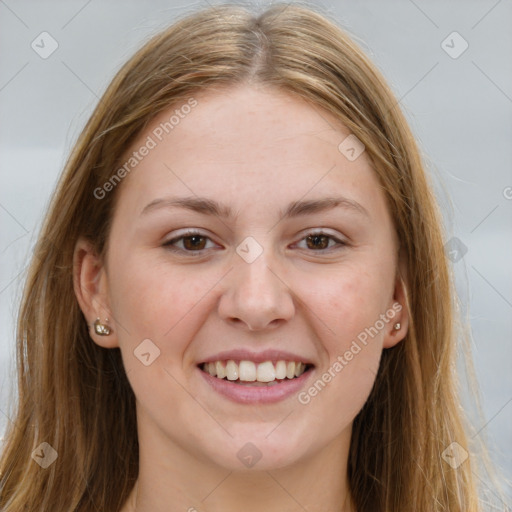 Joyful white young-adult female with long  brown hair and grey eyes