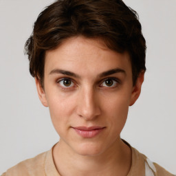 Neutral white young-adult female with short  brown hair and brown eyes