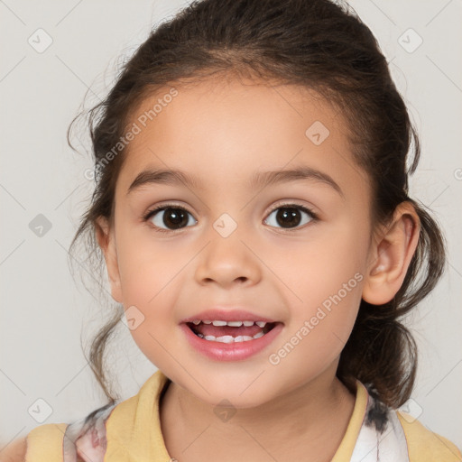 Joyful white child female with medium  brown hair and brown eyes