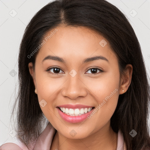 Joyful white young-adult female with long  brown hair and brown eyes