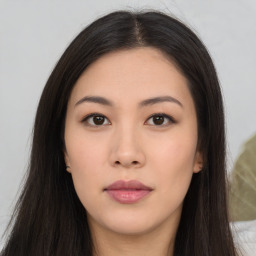 Neutral asian young-adult female with long  brown hair and brown eyes