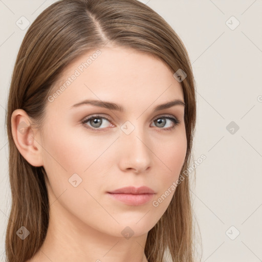 Neutral white young-adult female with long  brown hair and grey eyes