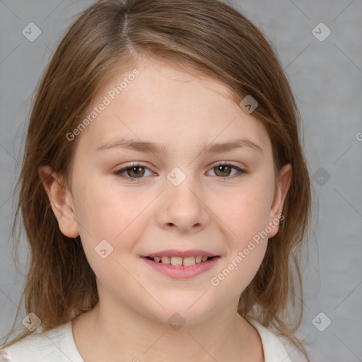 Joyful white child female with medium  brown hair and brown eyes