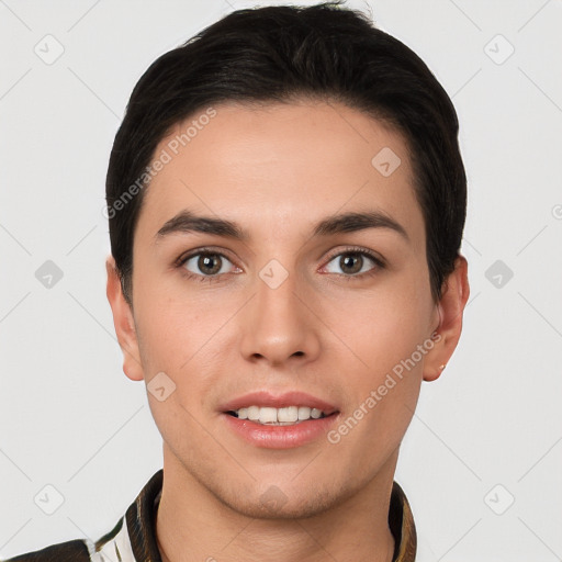 Joyful white young-adult female with short  brown hair and brown eyes