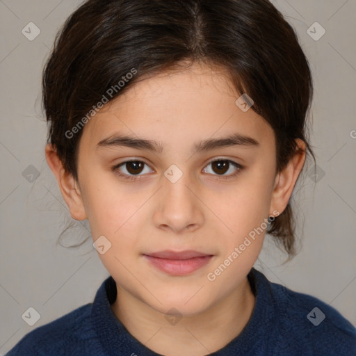 Joyful white child female with medium  brown hair and brown eyes