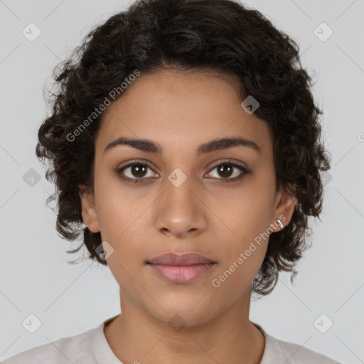 Neutral latino young-adult female with short  brown hair and brown eyes