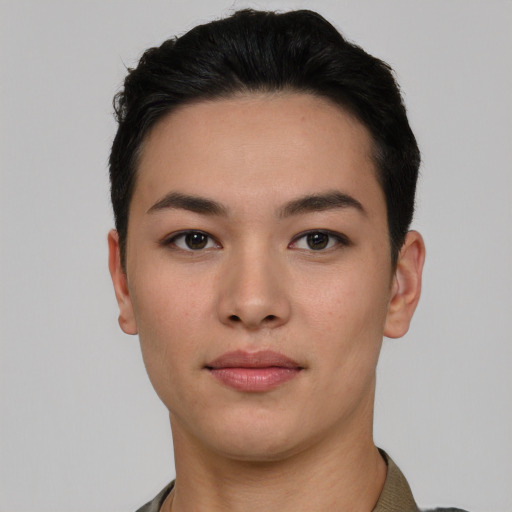 Neutral asian young-adult female with short  black hair and brown eyes