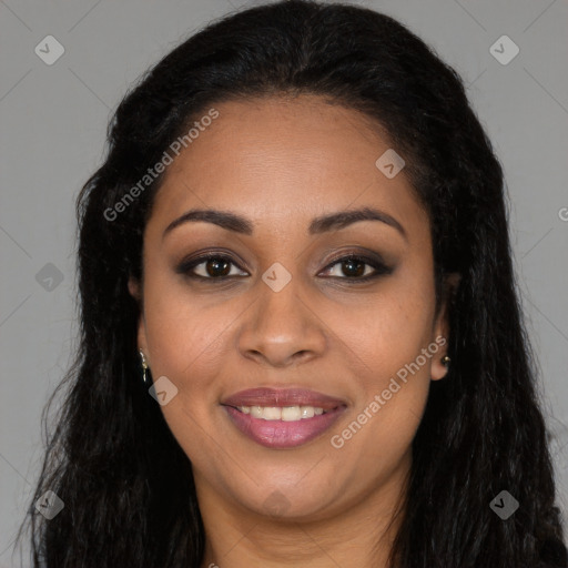 Joyful latino young-adult female with long  black hair and brown eyes