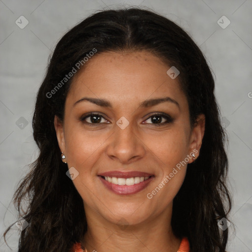 Joyful latino young-adult female with long  brown hair and brown eyes