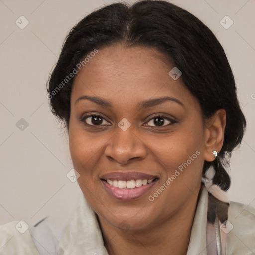 Joyful latino young-adult female with medium  brown hair and brown eyes