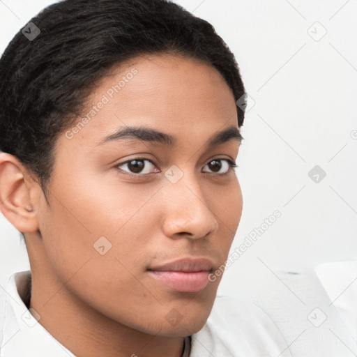 Neutral white young-adult female with short  brown hair and brown eyes