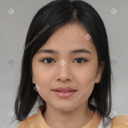 Joyful asian young-adult female with medium  black hair and brown eyes