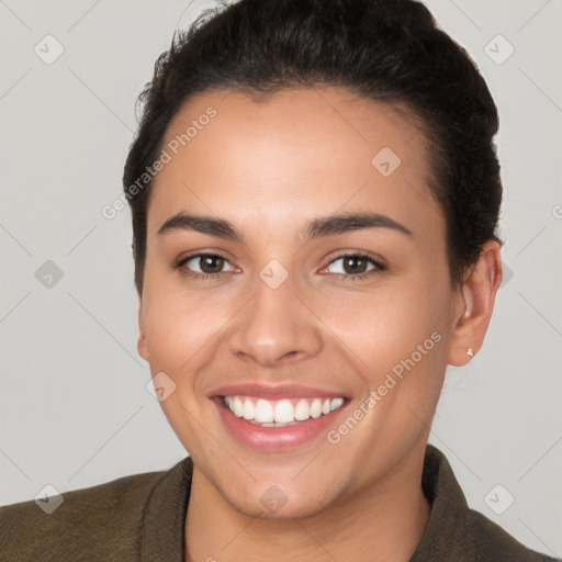 Joyful white young-adult female with short  brown hair and brown eyes