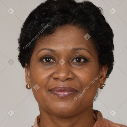 Joyful black adult female with short  brown hair and brown eyes