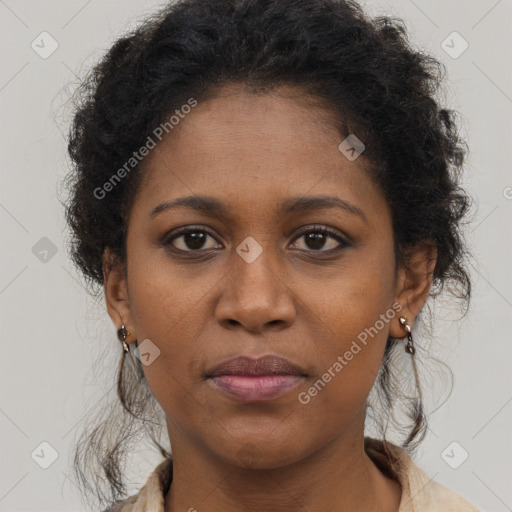 Joyful black young-adult female with long  brown hair and brown eyes