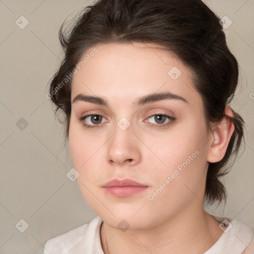 Neutral white young-adult female with medium  brown hair and brown eyes