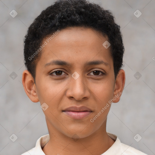 Joyful latino young-adult female with short  brown hair and brown eyes