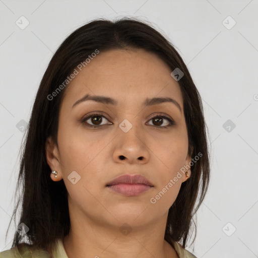 Neutral asian young-adult female with long  brown hair and brown eyes