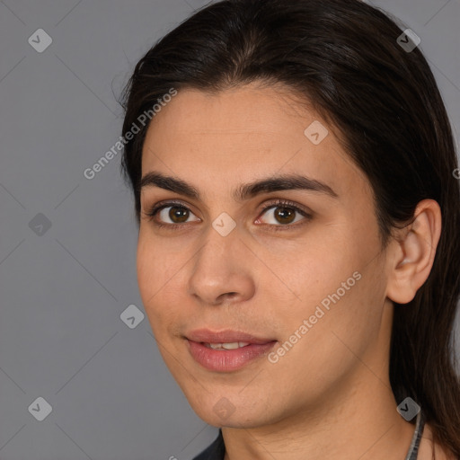 Joyful white young-adult female with medium  brown hair and brown eyes