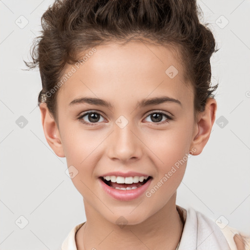 Joyful white child female with short  brown hair and brown eyes