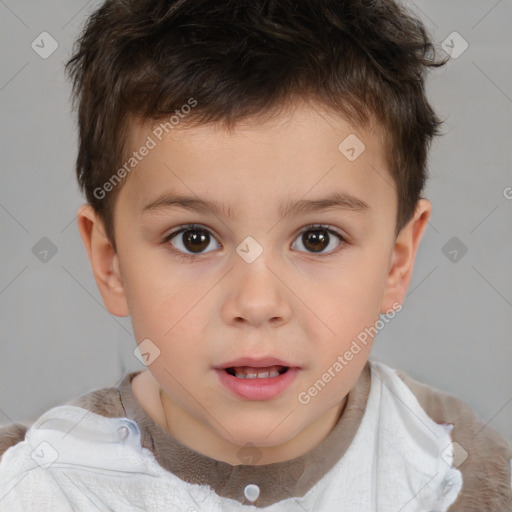 Joyful white child male with short  brown hair and brown eyes