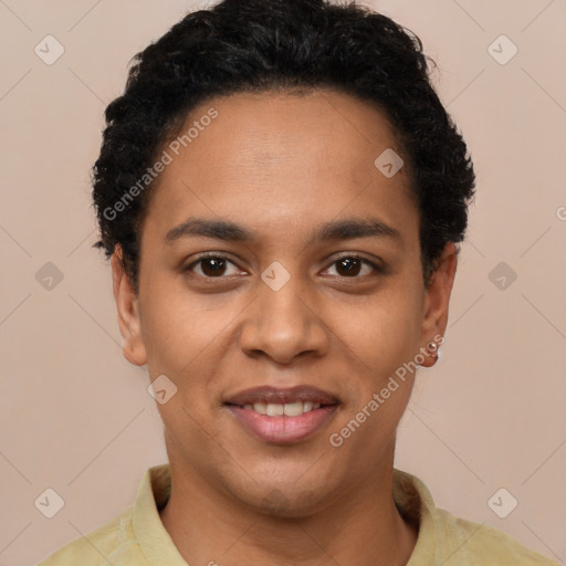 Joyful latino young-adult female with short  brown hair and brown eyes