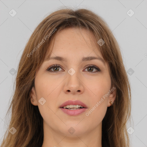 Joyful white young-adult female with long  brown hair and brown eyes