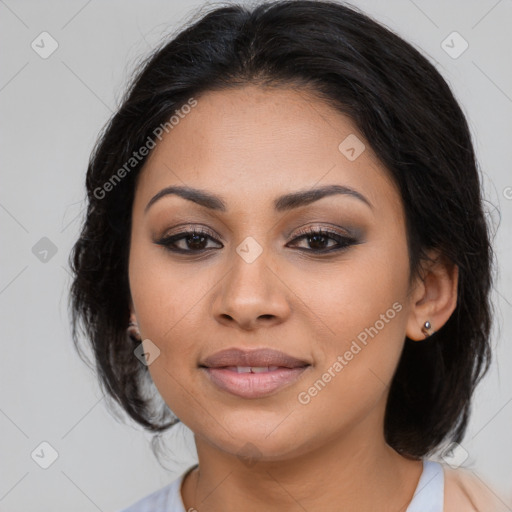 Joyful latino young-adult female with long  brown hair and brown eyes