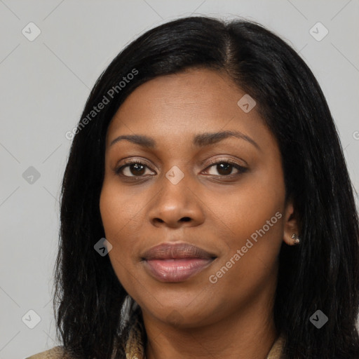 Joyful asian young-adult female with long  black hair and brown eyes