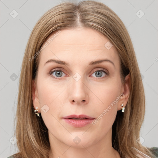 Neutral white young-adult female with long  brown hair and grey eyes