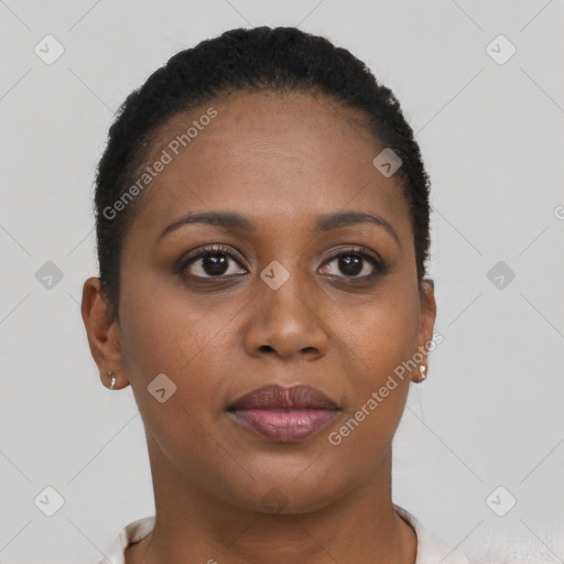 Joyful black young-adult female with short  brown hair and brown eyes