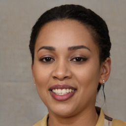 Joyful latino young-adult female with short  brown hair and brown eyes