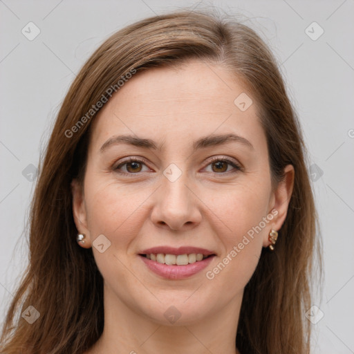 Joyful white young-adult female with long  brown hair and brown eyes