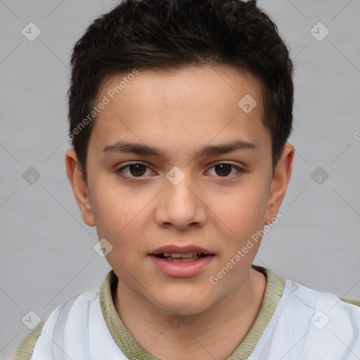 Joyful white child male with short  brown hair and brown eyes