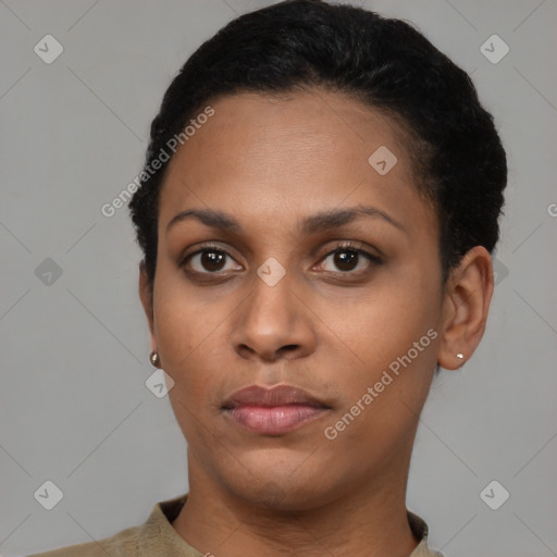 Neutral latino young-adult female with short  black hair and brown eyes
