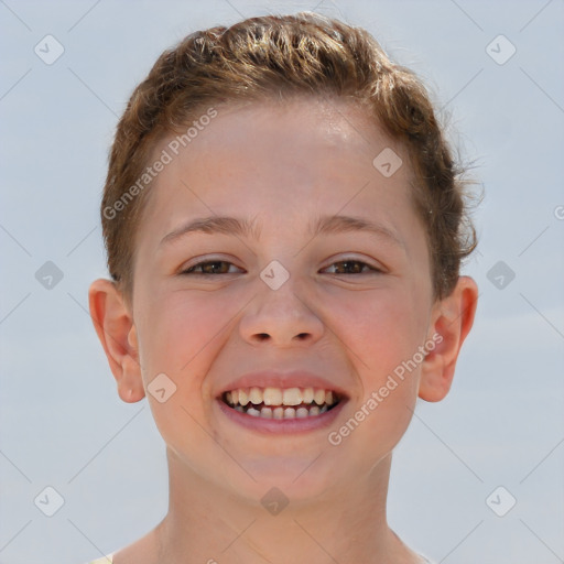 Joyful white child male with short  brown hair and brown eyes