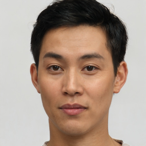 Neutral asian young-adult male with short  black hair and brown eyes
